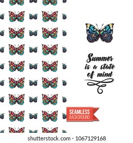 Vintage greeting card with fashion rhinestones or stitched fabric embroidery insects. Decorated by seamless pattern background with embroidered insect bug. Slogan: summer is a state of mind.