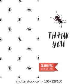 Vintage greeting card with fashion rhinestones or stitched fabric embroidery insects. Decorated by seamless pattern background with embroidered insect bug. Slogan: thank you.