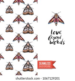 Vintage greeting card with fashion rhinestones or stitched fabric embroidery insects. Decorated by seamless pattern background with embroidered insect bug. Slogan: love beyond words.