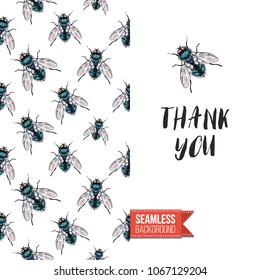Vintage greeting card with fashion rhinestones or stitched fabric embroidery insects. Decorated by seamless pattern background with embroidered insect bug. Slogan: thank you.