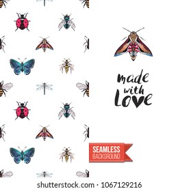 Vintage greeting card with fashion rhinestones or stitched fabric embroidery insects. Decorated by seamless pattern background with embroidered insect bug. Slogan: made with love.