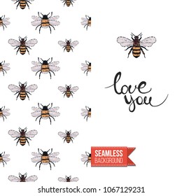 Vintage greeting card with fashion rhinestones or stitched fabric embroidery insects. Decorated by seamless pattern background with embroidered insect bug. Slogan: love you.