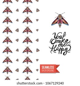 Vintage greeting card with fashion rhinestones or stitched fabric embroidery insects. Decorated by seamless pattern background with embroidered insect bug. Slogan: you make me happy.