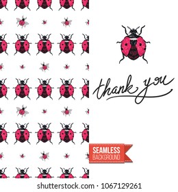 Vintage greeting card with fashion rhinestones or stitched fabric embroidery insects. Decorated by seamless pattern background with embroidered insect bug. Slogan: thank you.