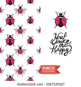 Vintage greeting card with fashion rhinestones or stitched fabric embroidery insects. Decorated by seamless pattern background with embroidered insect bug. Slogan: you make me happy.