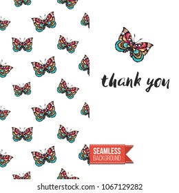 Vintage greeting card with fashion rhinestones or stitched fabric embroidery insects. Decorated by seamless pattern background with embroidered insect bug. Slogan: thank you.