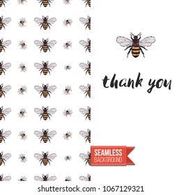 Vintage greeting card with fashion rhinestones or stitched fabric embroidery insects. Decorated by seamless pattern background with embroidered insect bug. Slogan: thank you.