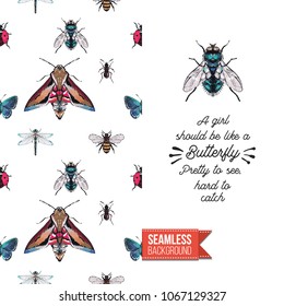 Vintage greeting card with fashion rhinestones or stitched fabric embroidery insects. Decorated by seamless pattern background with embroidered insect bug. Slogan: a girl should be like a butterfly.