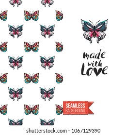 Vintage greeting card with fashion rhinestones or stitched fabric embroidery insects. Decorated by seamless pattern background with embroidered insect bug. Slogan: made with love.