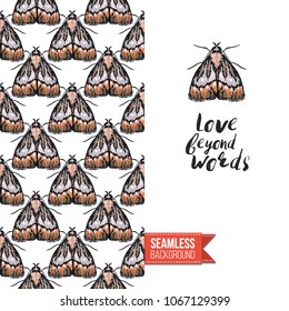 Vintage greeting card with fashion rhinestones or stitched fabric embroidery insects. Decorated by seamless pattern background with embroidered insect bug. Slogan: love beyond words.