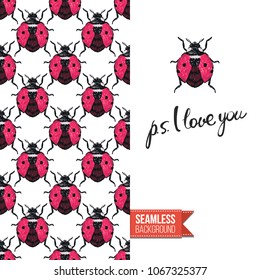Vintage greeting card with fashion rhinestones or stitched fabric embroidery insects. Decorated by seamless pattern background with embroidered insect bug. Slogan: ps i love you.