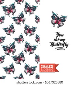Vintage greeting card with fashion rhinestones or stitched fabric embroidery insects. Decorated by seamless pattern background with embroidered insect bug. Slogan: you are my butterfly.