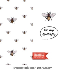 Vintage greeting card with fashion rhinestones or stitched fabric embroidery insects. Decorated by seamless pattern background with embroidered insect bug. Slogan: be my butterfly.