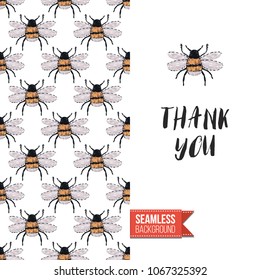 Vintage greeting card with fashion rhinestones or stitched fabric embroidery insects. Decorated by seamless pattern background with embroidered insect bug. Slogan: thank you.