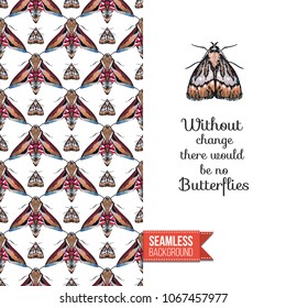 Vintage greeting card with fashion rhinestones or stitched fabric embroidery insects. Decorated by seamless pattern background with embroidered insect bug. Slogan: without change there no butterflies.