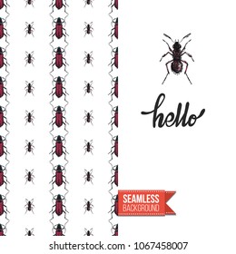 Vintage greeting card with fashion rhinestones or stitched fabric embroidery insects. Decorated by seamless pattern background with embroidered insect bug. Slogan: hello.