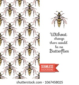 Vintage greeting card with fashion rhinestones or stitched fabric embroidery insects. Decorated by seamless pattern background with embroidered insect bug. Slogan: without change there no butterflies.