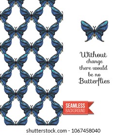 Vintage greeting card with fashion rhinestones or stitched fabric embroidery insects. Decorated by seamless pattern background with embroidered insect bug. Slogan: without change there no butterflies.