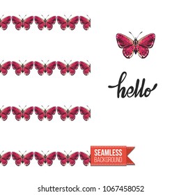 Vintage greeting card with fashion rhinestones or stitched fabric embroidery insects. Decorated by seamless pattern background with embroidered insect bug. Slogan: hello.