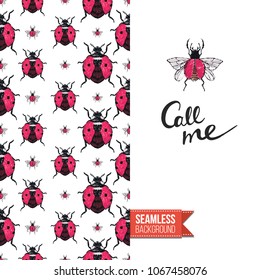 Vintage greeting card with fashion rhinestones or stitched fabric embroidery insects. Decorated by seamless pattern background with embroidered insect bug. Slogan: call me.
