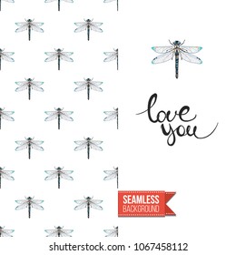 Vintage greeting card with fashion rhinestones or stitched fabric embroidery insects. Decorated by seamless pattern background with embroidered insect bug. Slogan: love you.