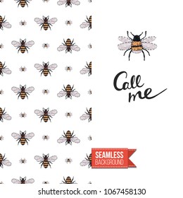Vintage greeting card with fashion rhinestones or stitched fabric embroidery insects. Decorated by seamless pattern background with embroidered insect bug. Slogan: call me.