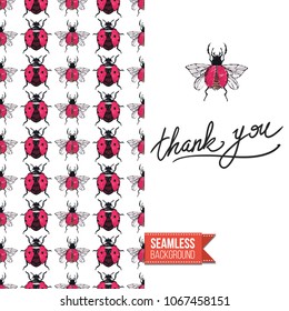 Vintage greeting card with fashion rhinestones or stitched fabric embroidery insects. Decorated by seamless pattern background with embroidered insect bug. Slogan: thank you.