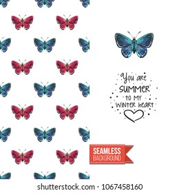 Vintage greeting card with fashion rhinestones or stitched fabric embroidery insects. Decorated by seamless pattern background with embroidered insect bug. Slogan: you are summer to my winter heart.
