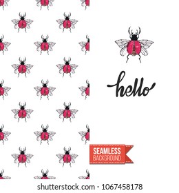 Vintage greeting card with fashion rhinestones or stitched fabric embroidery insects. Decorated by seamless pattern background with embroidered insect bug. Slogan: hello.