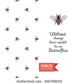 Vintage greeting card with fashion rhinestones or stitched fabric embroidery insects. Decorated by seamless pattern background with embroidered insect bug. Slogan: without change there no butterflies.