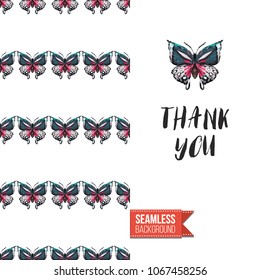 Vintage greeting card with fashion rhinestones or stitched fabric embroidery insects. Decorated by seamless pattern background with embroidered insect bug. Slogan: thank you.