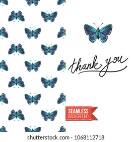 Vintage greeting card with fashion rhinestones or stitched fabric embroidery insects. Decorated by seamless pattern background with embroidered insect bug. Slogan: thank you.