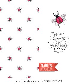 Vintage greeting card with fashion rhinestones or stitched fabric embroidery insects. Decorated by seamless pattern background with embroidered insect bug. Slogan: you are summer to my winter heart.