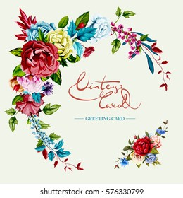 Vintage greeting card with flower wreath. Bouquet of wild roses, roses, cornflower and peony with leaves. Can be used as invitation, greeting card, celebration, etc. Hand drawn