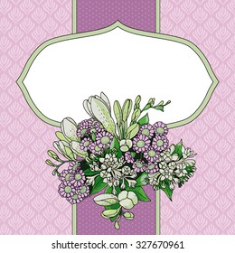 Vintage greeting card with flowers bouquet and place for text. Freesia and chrysanthemum flower bouquet.