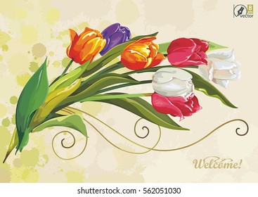 Vintage greeting card with flowers. Bouquet of tulips for banner template. Spring floral postcard