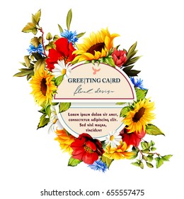 Vintage greeting card with flowers. Pomegranate buds, sunflower, cornflower, chamomile. Hand drawn, watercolor. Vector