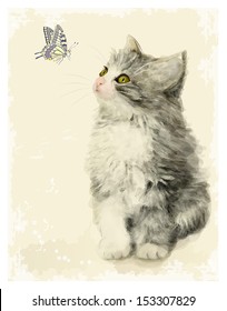 Vintage greeting card with fluffy kitten and butterfly.  Imitation of Chinese painting. Watercolor style.