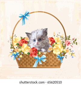 vintage greeting card with fluffy kitten