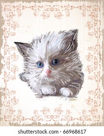 vintage greeting card with  fluffy kitten