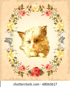 vintage greeting card with  fluffy kitten