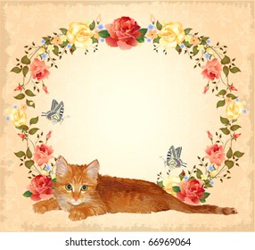 vintage greeting card with ginger cat and roses
