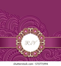 Vintage greeting card with gold jewelry decoration on pink background, wedding invitation or announcement template, eps10 vector illustration