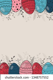 Vintage greeting card with hand drawn Easter eggs and copyspace. Vector