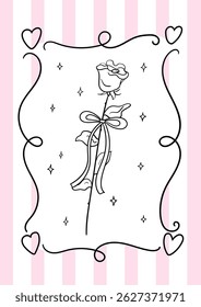 Vintage greeting card with hand drawn rose branch, bow and whimsical frame on striped background. Elegant vector line floral illustration for valentine's day, birthday, wedding, etc.