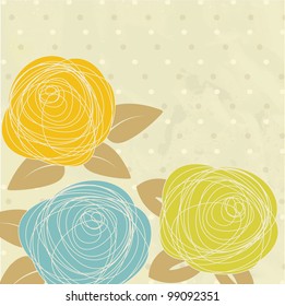 Vintage greeting card with hand rose flowers on polka dot background