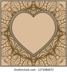 Vintage greeting card with heart and floral ornament. Template frame for greeting and wedding cards. Vector illustration.