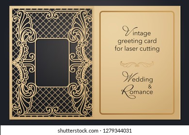 Vintage greeting card for laser cutting. Delicate pattern for wedding, romantic party, blank menu, cover folder for presentation.