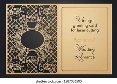 Vintage greeting card for laser cutting. Delicate pattern for wedding, romantic party, blank menu, cover folder for presentation.