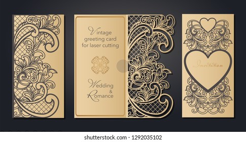 Vintage greeting card for laser cutting. Openwork pattern for a wedding, a romantic party in the Baroque style, Gatsby.
